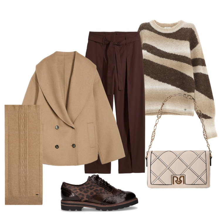 Outfit donna - Confortevolmente…. Stile Chic per Ufficio. Abbinamento con blazer, pantaloni, borse a tracolla, sciarpe, pullovers, scarpe stringate.