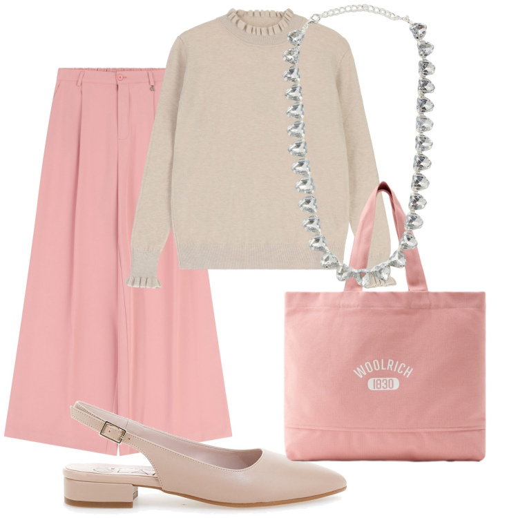Outfit donna - Oggi bon ton. Stile Bon Ton per Tutti i giorni. Abbinamento con collane, borse tote, maglieria, pantaloni a palazzo, ballerine.