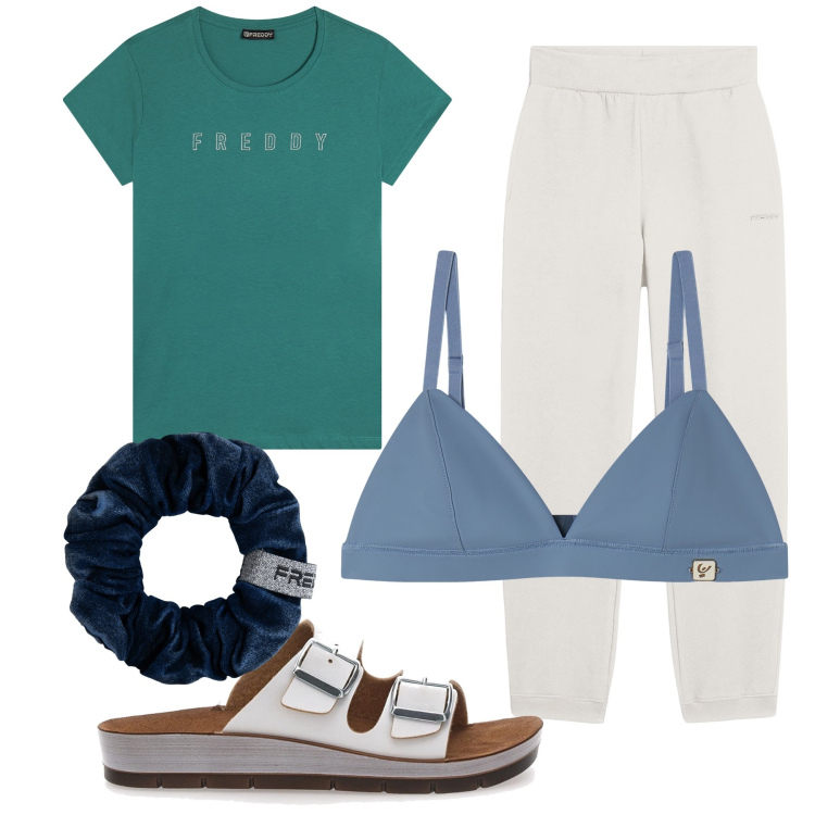 Outfit donna - Casa calda con Freddy. Stile Basic per Tutti i giorni. Abbinamento con pantaloni, reggiseni, t-shirt, accessori per capelli, ciabatte.