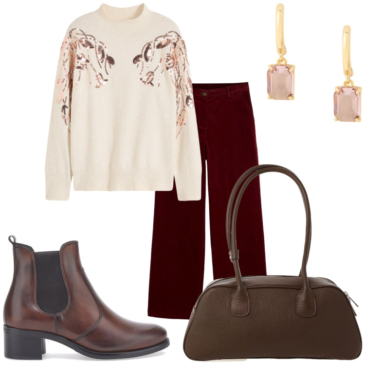 Outfit donna - Pranzi della domenica. Stile Casual per Tutti i giorni. Abbinamento con pantaloni, maglieria, borse a mano, orecchini, stivaletti chelsea.