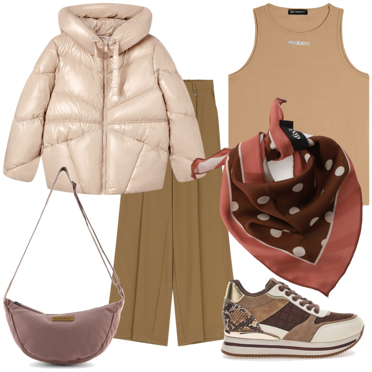 Outfit donna - Total look. Stile Sporty chic per Tutti i giorni. Abbinamento con giacche, foulard, pantaloni a palazzo, canottiere, borse a tracolla, sneakers.