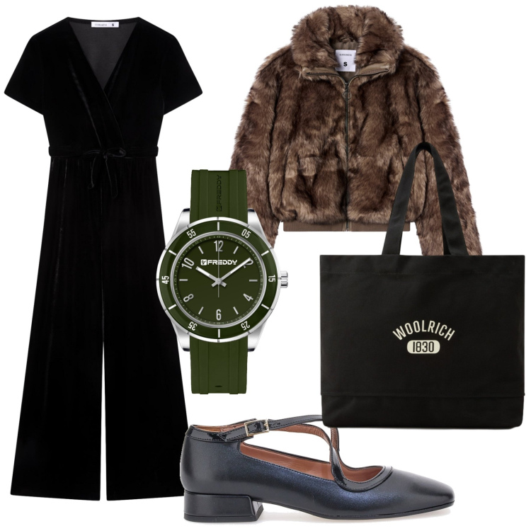 Outfit donna - Un look sempre puntuale. Stile Bon Ton per Ufficio. Abbinamento con tute, ecopellicce, orologi, borse tote, ballerine.