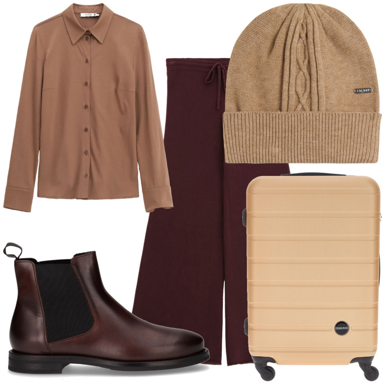 Outfit donna - Voyage. Stile Urban per Tutti i giorni. Abbinamento con camicie, pantaloni a palazzo, berretti, valigie, stivaletti chelsea.