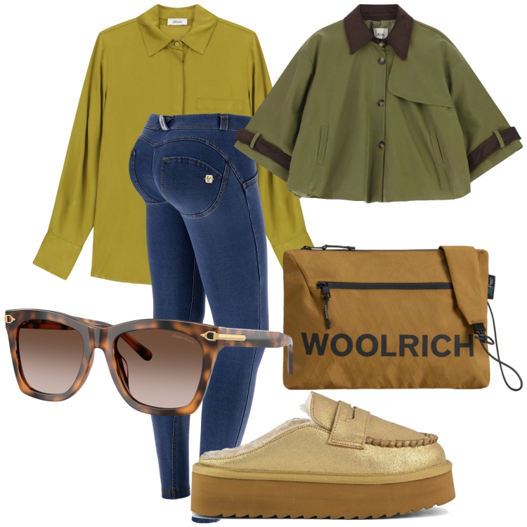 Outfit donna - Total look. Stile Trendy per Tutti i giorni. Abbinamento con jeggings, borse a tracolla, parka, camicie, occhiali da sole, mocassini.