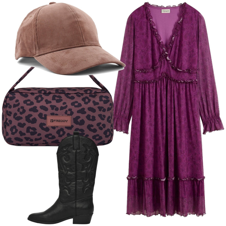Outfit donna - Abito boho accessori country. Stile Boho per Tutti i giorni. Abbinamento con vestiti midi/longuette, stivaletti texani, borse a spalla, cappelli con visiera.