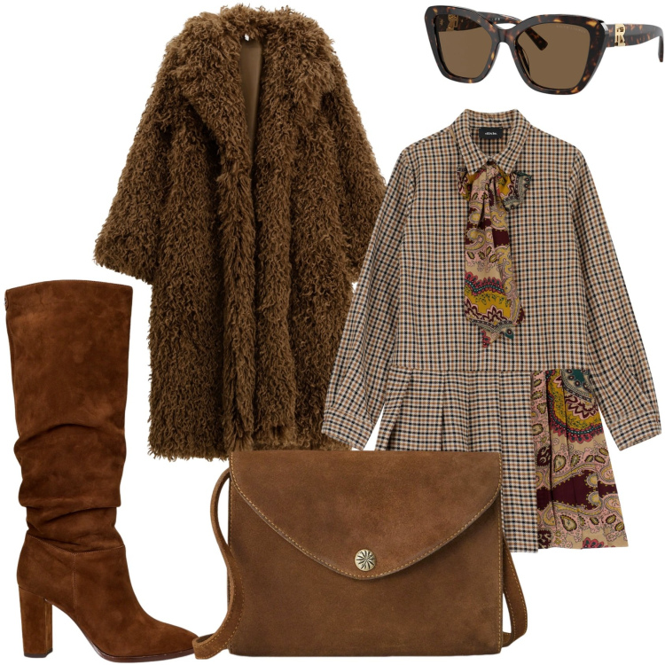 Outfit donna - Vestito a stampa per la giornata. Stile Glamour per Tutti i giorni. Abbinamento con cappotti, vestiti, stivali, occhiali da sole, borse a tracolla.