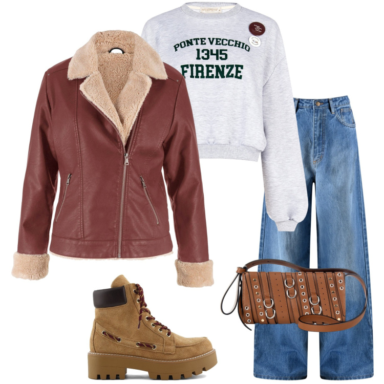Outfit donna - Comfy autunnale. Stile Casual chic per Tutti i giorni. Abbinamento con bomber, jeans, borse a spalla, felpe, stivaletti.