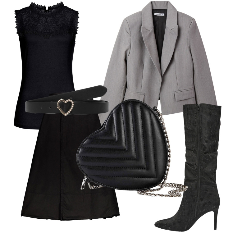 Outfit donna - A teatro. Stile Bon Ton per Serata fuori. Abbinamento con top, borse a tracolla, blazer, cinture, stivali, gonne lunghe.