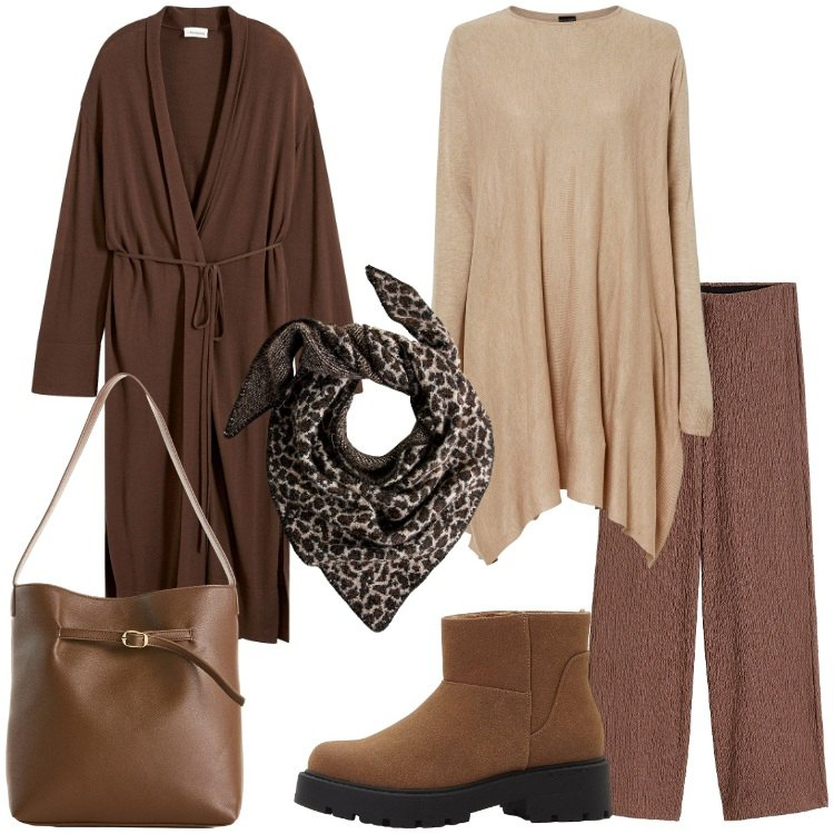 Outfit donna - Comfy autunnale - Focus Donna Curvy. Stile Basic per Tutti i giorni. Abbinamento con pantaloni, maglieria, cappotti, borse a mano, stivaletti, sciarpe.