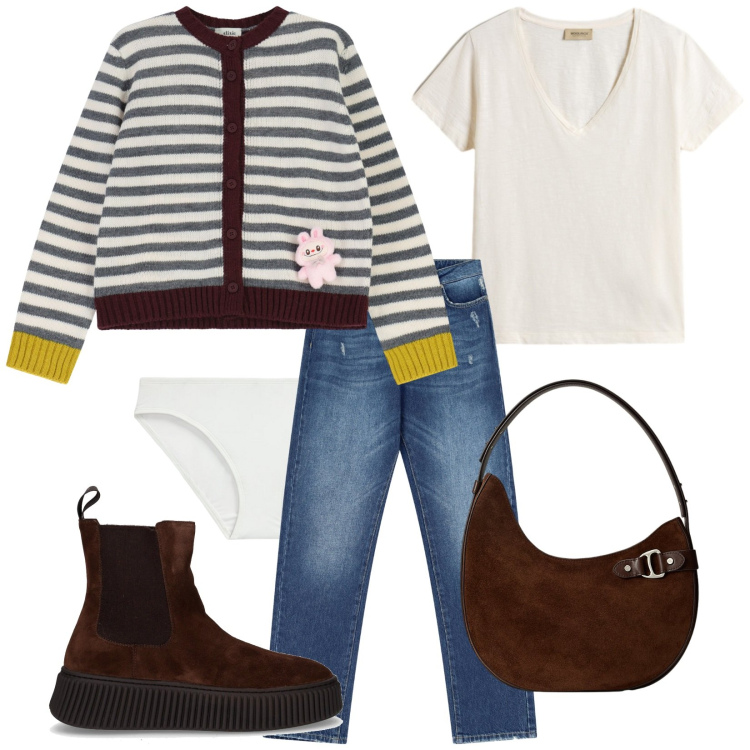 Outfit donna - Dettaglio carino. Stile Casual per Tutti i giorni. Abbinamento con t-shirt, jeans dritti, cardigans, culotte, borse a spalla, stivaletti chelsea.
