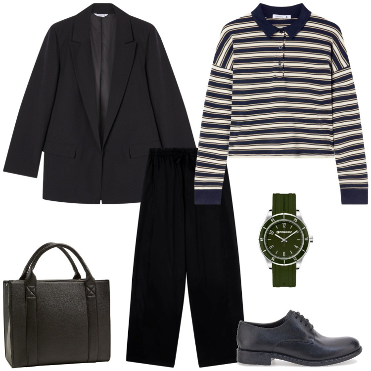 Outfit donna - Immancabile completo pantalone. Stile Mannish per Tutti i giorni. Abbinamento con borse tote, polo, blazer, pantaloni, orologi, scarpe stringate.