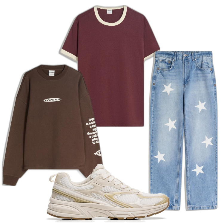 Outfit hombre - Casual look. Estilo Casual para Todos los días. Combinación con vaqueros rectos, sudaderas, camiseta, sneakers.