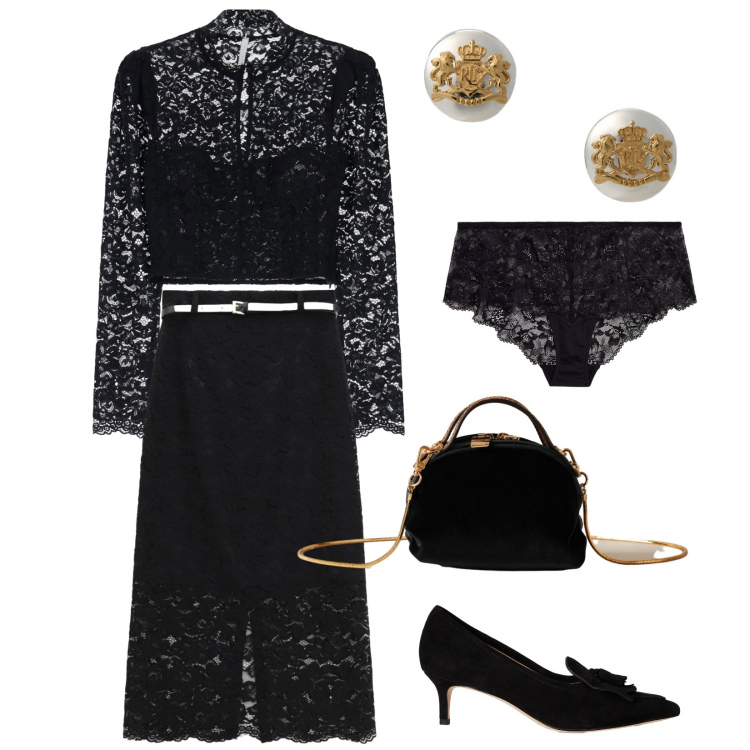 Outfit donna - Pizzo floreale. Stile Vintage retrò per Cerimonia. Abbinamento con gonne lunghe, bluse, orecchini, culotte, décolleté, borse a mano.