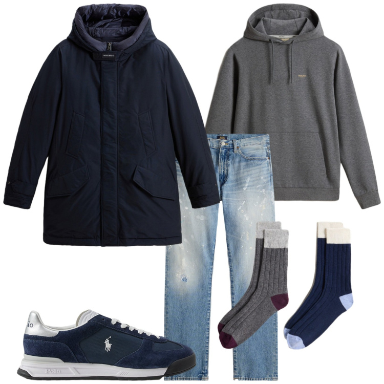 Outfit uomo - Novembre. Stile Casual per Tutti i giorni. Abbinamento con felpe con cappuccio, calzini, parka, sneakers, jeans dritti.