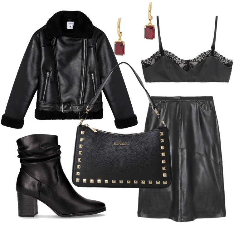 Outfit donna - Total Black Mood. Stile Rock per Serata fuori. Abbinamento con giacche, pochette, top, orecchini, stivaletti, gonne lunghe.