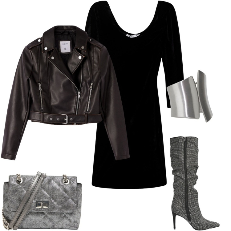 Outfit donna - Il vestito mini & silver. Stile Rock per Serata fuori. Abbinamento con vestiti lunghi, giacche, stivali, borse a tracolla, anelli.