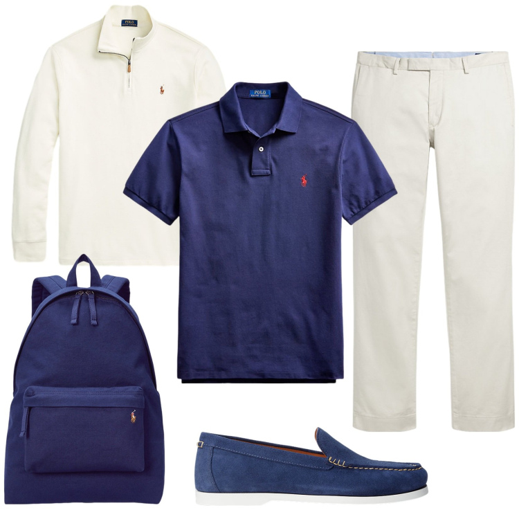 Outfit uomo - Al club. Stile Trendy per Tutti i giorni. Abbinamento con scarpe stringate, pantaloni chino, polo, borse sportive, pullovers.