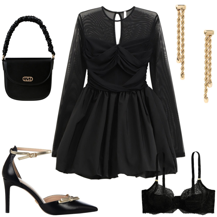 Outfit donna - Serata in nero. Stile Glamour per Serata fuori. Abbinamento con décolleté, borse a mano, vestiti corti, orecchini, reggiseni.