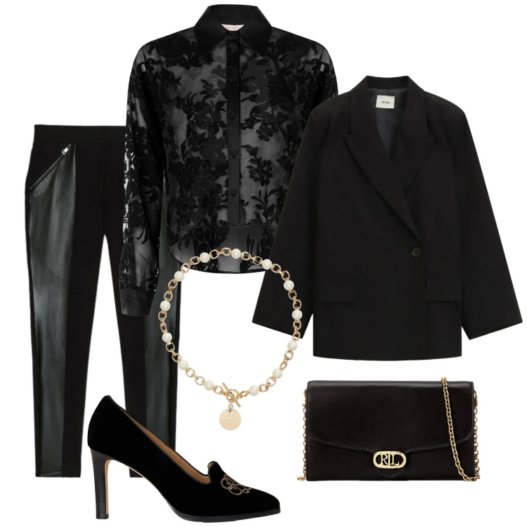 Outfit donna - Total black. Stile Vintage retrò per Serata fuori. Abbinamento con camicie, blazer, collane, borse a tracolla, décolleté, leggings.