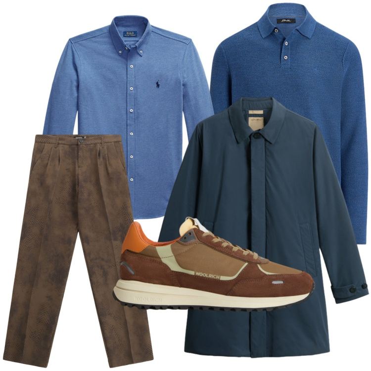 Outfit uomo - Look comodo. Stile Trendy per Ufficio. Abbinamento con pantaloni, sneakers, cappotti, camicie, maglieria.