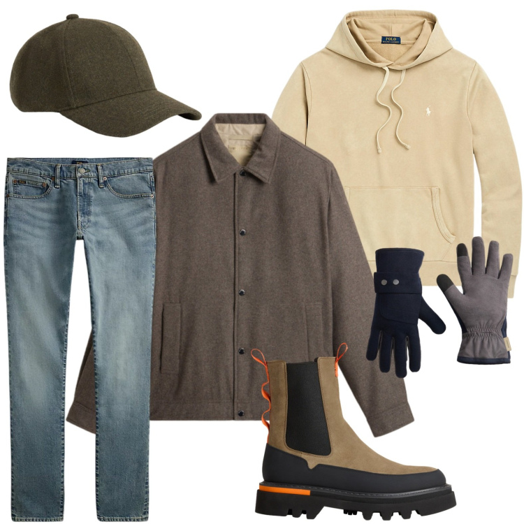 Outfit uomo - Dettagli urban. Stile Trendy per Tutti i giorni. Abbinamento con guanti, cappelli, stivali e stivaletti, cappotti, felpe con cappuccio, jeans.