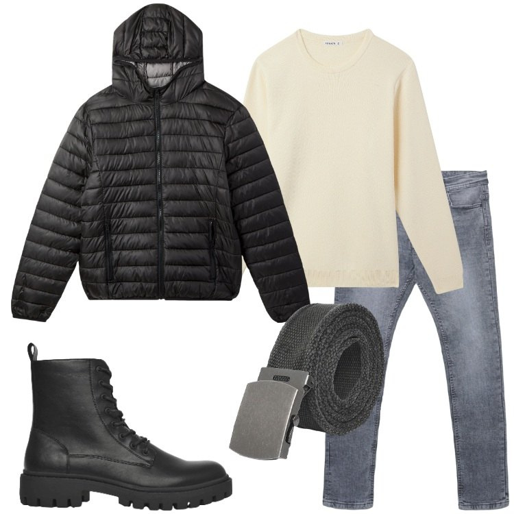 Outfit uomo - Primi freddi. Stile Casual per Tutti i giorni. Abbinamento con anfibi, cinture, maglieria, piumini, jeans skinny.