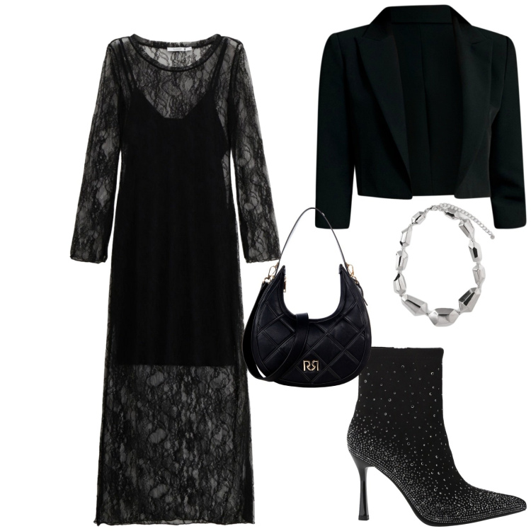 Outfit donna - Sogno notturno. Stile Urban per Serata fuori. Abbinamento con vestiti lunghi, bolero, borse a tracolla, stivaletti, ciondoli.