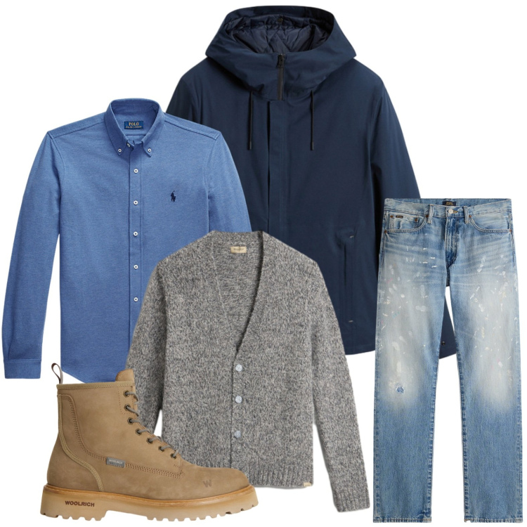 Outfit uomo - Mixer di capi. Stile Trendy per Ufficio. Abbinamento con anfibi, cardigans, giacche, camicie, jeans dritti.
