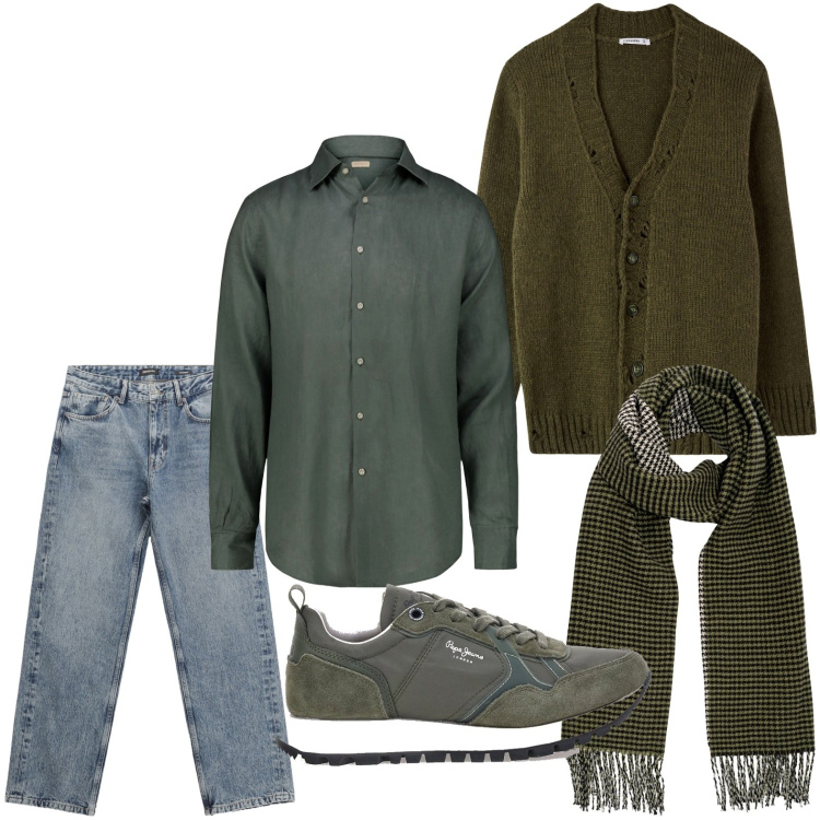 Outfit uomo - La camicia olive green. Stile Trendy per Tutti i giorni. Abbinamento con cardigans, jeans dritti, camicie, sciarpe, sneakers.