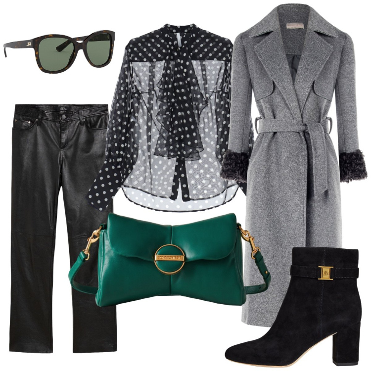 Outfit donna - Black & Grey. Stile Chic per Serata fuori. Abbinamento con pantaloni, cappotti, camicie, stivaletti, occhiali da sole, pochette.