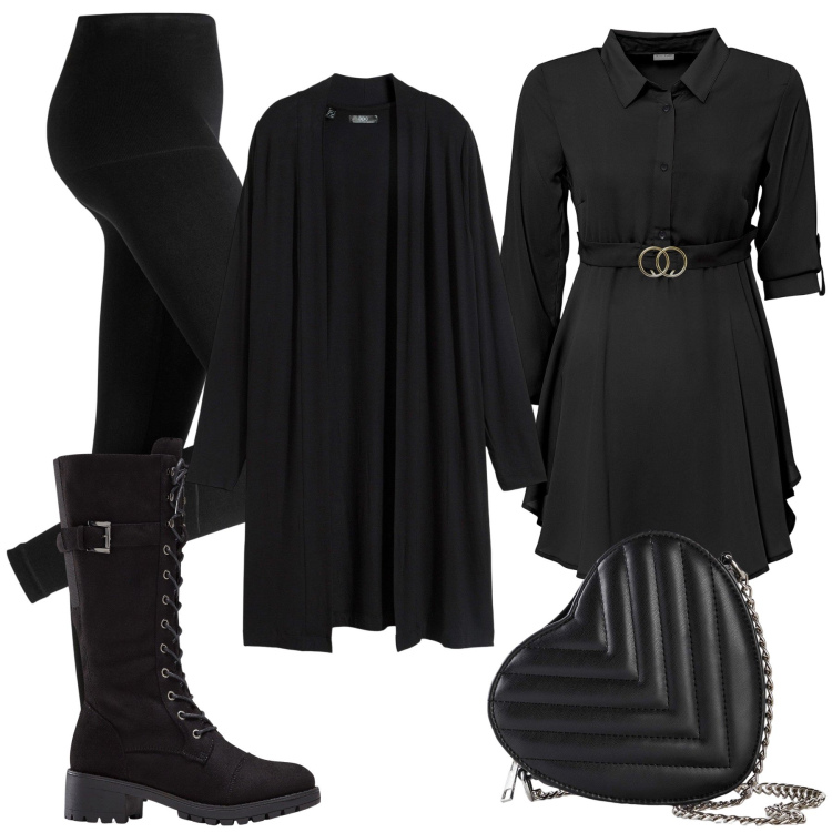 Outfit donna - cuore dark. Stile Casual chic per Tutti i giorni. Abbinamento con leggings, cardigans, stivali, camicie, borse a tracolla.