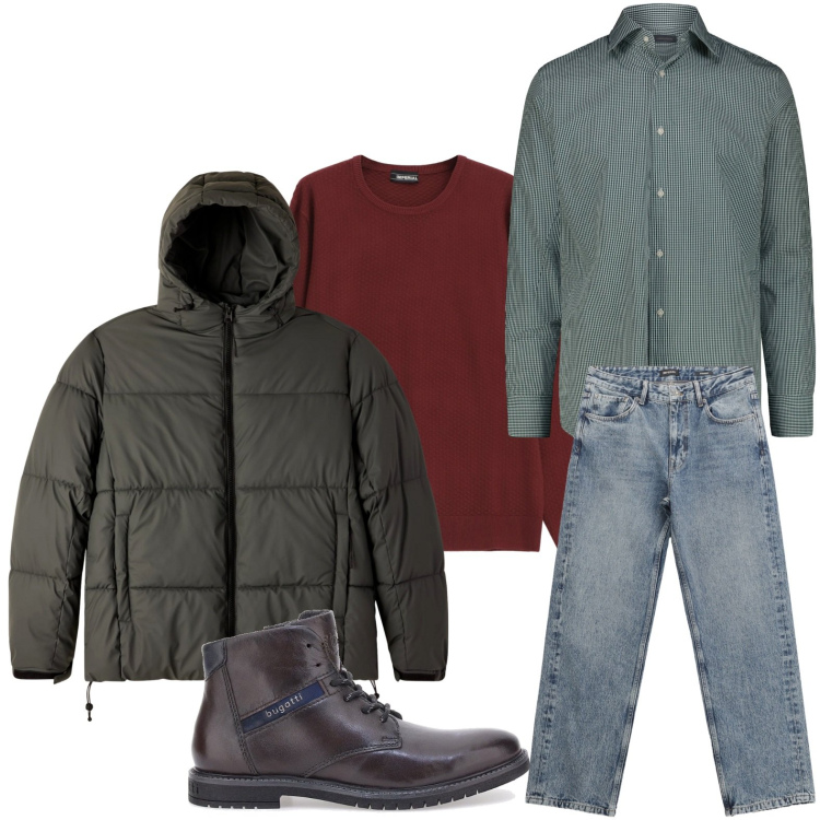 Outfit uomo - Look disinvolto. Stile Casual per Ufficio. Abbinamento con bomber, jeans dritti, maglieria, stivali e stivaletti, camicie.