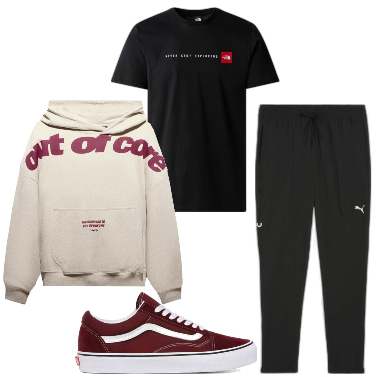 Outfit hombre - Casual look. Estilo Casual para Todos los días. Combinación con sneakers, pantalones, camiseta, sudaderas con capucha.
