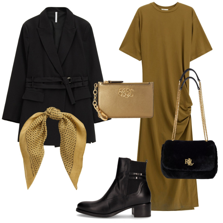 Outfit donna - A cena fuori. Stile Glamour per Serata fuori. Abbinamento con blazer, vestiti lunghi, foulard, portafogli, borse a spalla, stivaletti.