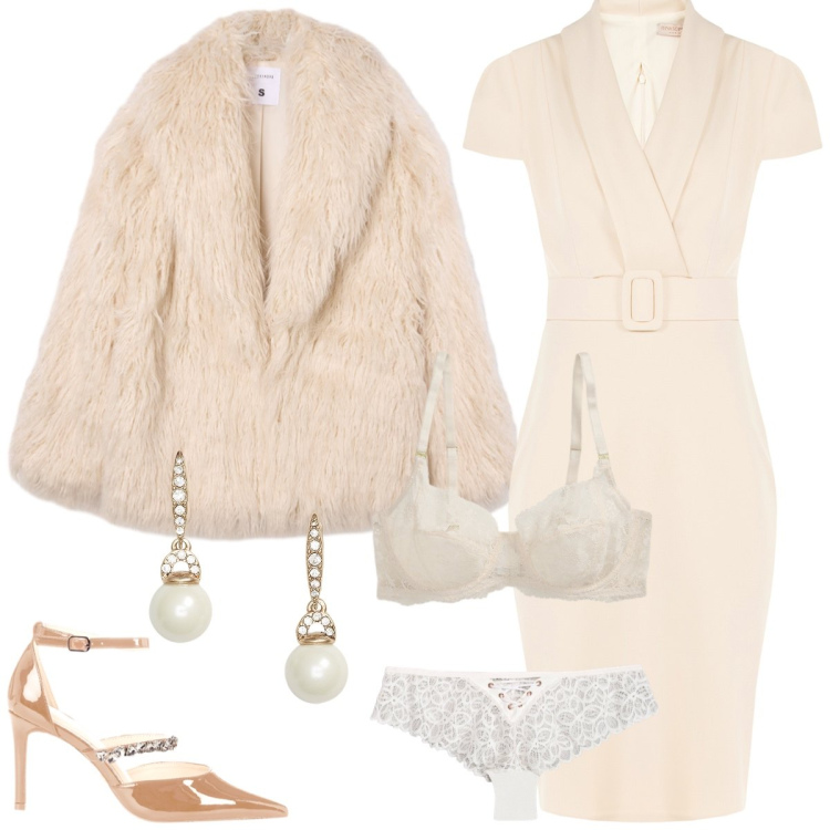 Outfit donna - Sposa di novembre. Stile Chic per Cerimonia. Abbinamento con culotte, ecopellicce, vestiti a tubino, décolleté, orecchini, reggiseni.