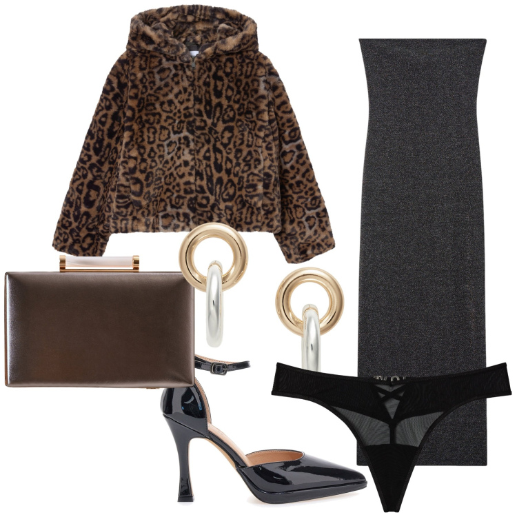 Outfit donna - Fantastica serata. Stile Glamour per Serata fuori. Abbinamento con vestiti lunghi, perizomi, ecopellicce, clutch, orecchini, décolleté.