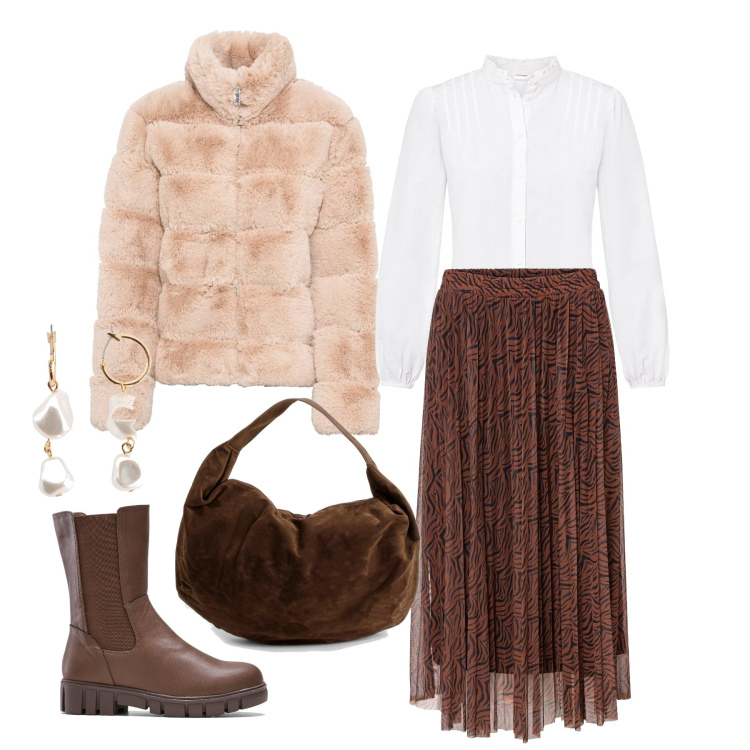 Outfit femme - Novembre. Style Glamour pour Tous les jours. Assortir avec fausses fourrures, boucles d'oreilles, chemisiers, jupes, bottes, sacs à main.