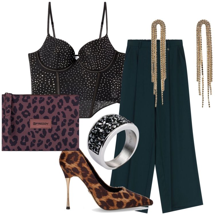 Outfit donna - With you. Stile Sexy per Serata fuori. Abbinamento con anelli, orecchini, top, pantaloni a palazzo, clutch, décolleté.