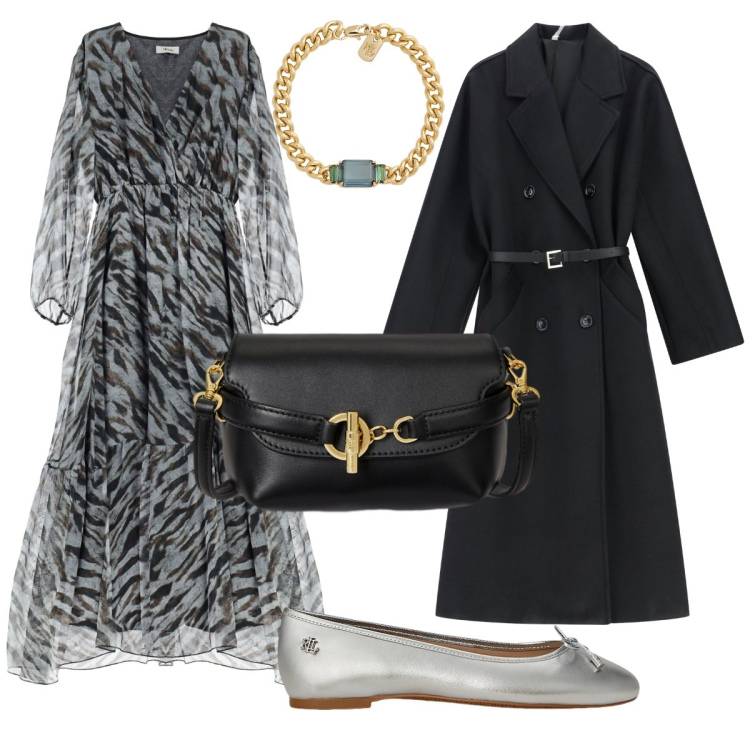 Outfit donna - A teatro in nero e grigio. Stile Bon Ton per Serata fuori. Abbinamento con cappotti, vestiti lunghi, ballerine, braccialetti, borse a tracolla.