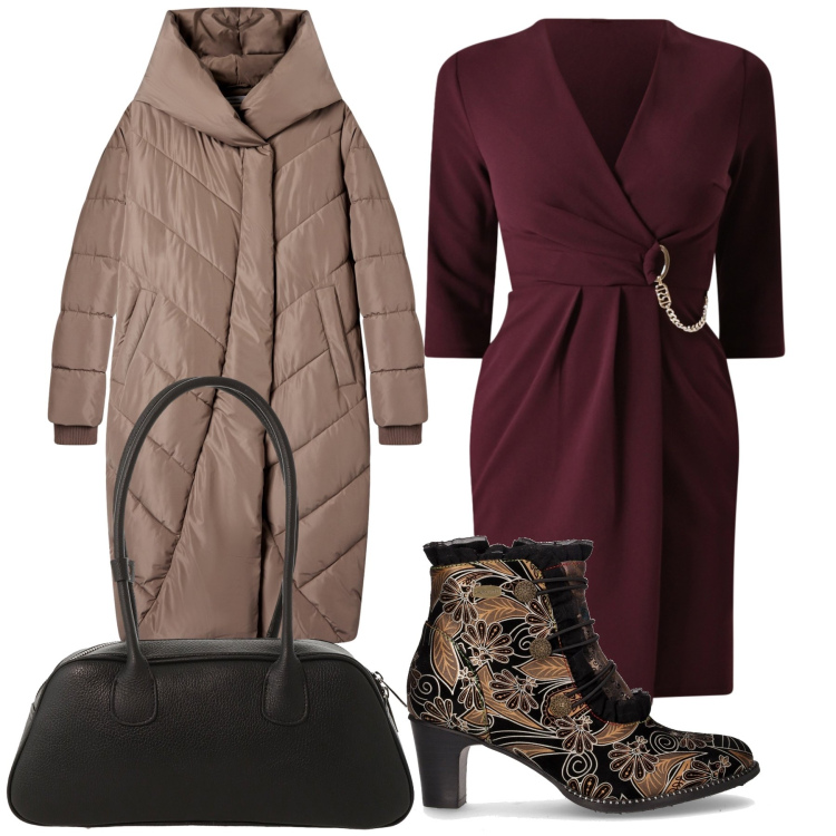 Outfit donna - Pranzo dí festa. Stile Trendy per Tutti i giorni. Abbinamento con cappotti, vestiti, borse a mano, stivaletti.