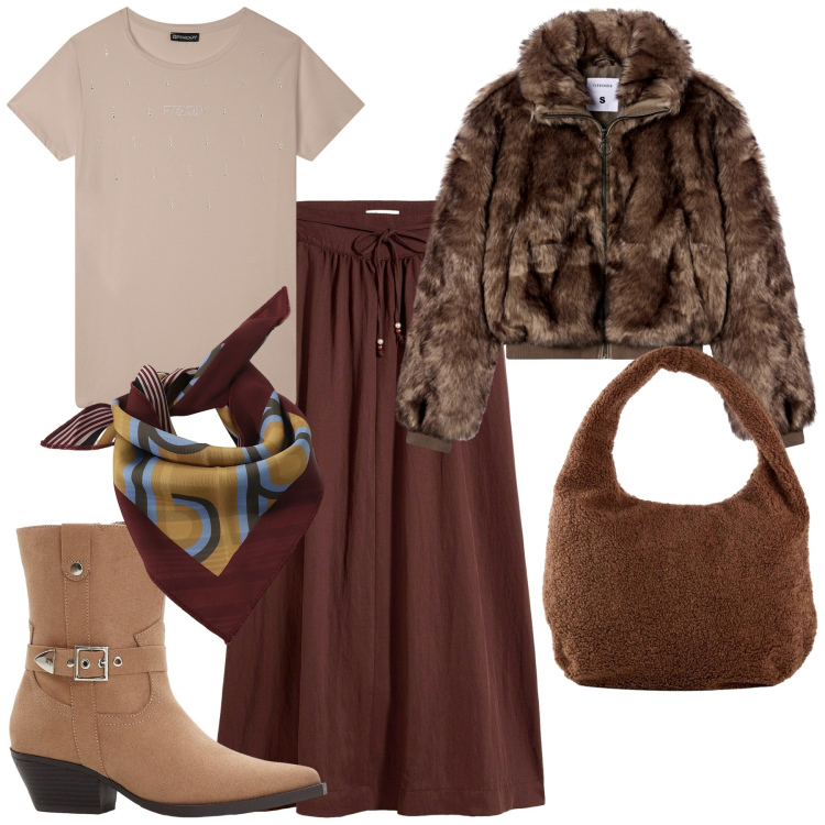 Outfit donna - Look colore caramello - FDCI. Stile Basic per Tutti i giorni. Abbinamento con gonne lunghe, stivaletti texani, shopping bag, ecopellicce, foulard, t-shirt.