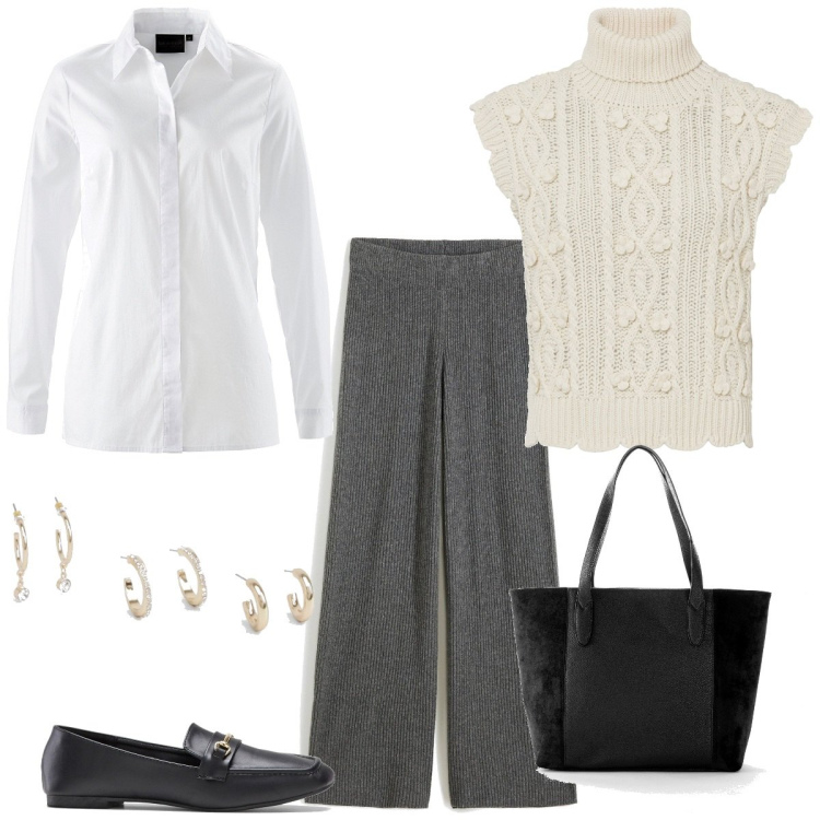 Outfit femme - Au travail en novembre. Style Tendance pour Bureau. Assortir avec pulls, sac cabas, chemisiers, mocassins, pantalon large en bas, boucles d'oreilles.