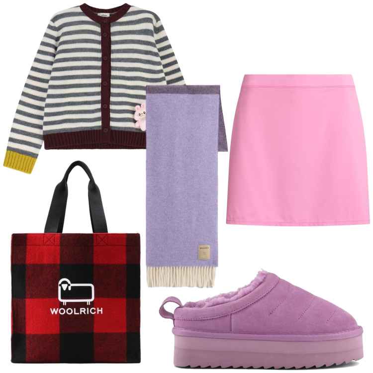 Outfit donna - Allegro look. Stile Trendy per Tutti i giorni. Abbinamento con borse tote, sciarpe, cardigans, minigonne, sabot.