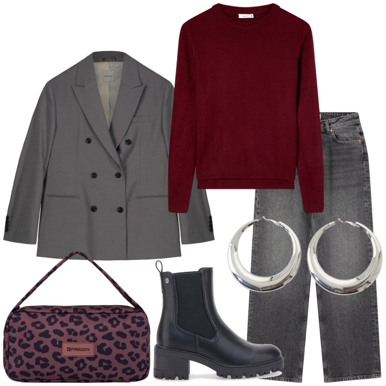 Outfit donna - Total look #2277232. Stile Casual chic per Tutti i giorni. Abbinamento con jeans, maglieria, borse a spalla, orecchini, stivaletti chelsea, blazer.
