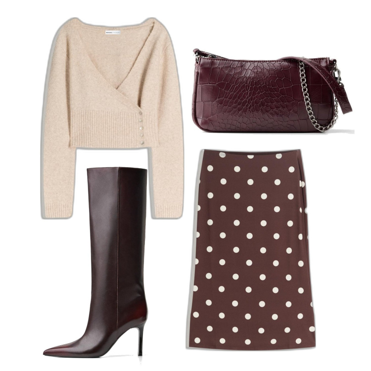 Outfit mujer - Chic look. Estilo Chic para Todos los días. Combinación con bolsos de mano, botas, falda longuette, cárdigans.