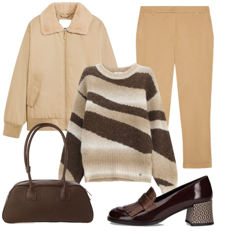 Outfit donna - Color caramello. Stile Bon Ton per Ufficio. Abbinamento con bomber, pullovers, borse a mano, mocassini, pantaloni chino.