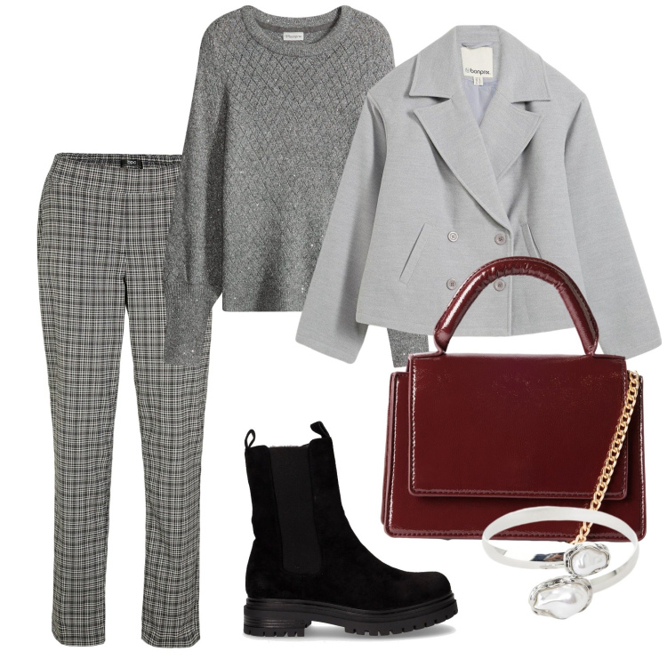 Outfit donna - Comfy autunnale. per Ufficio. Abbinamento con caban, maglieria, pantaloni, borse a tracolla, braccialetti, stivaletti chelsea.