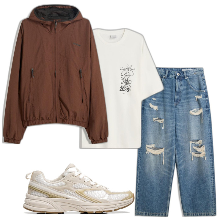 Outfit hombre - Casual look. Estilo Casual para Todos los días. Combinación con vaqueros rotos, chaquetas, camiseta, sneakers.