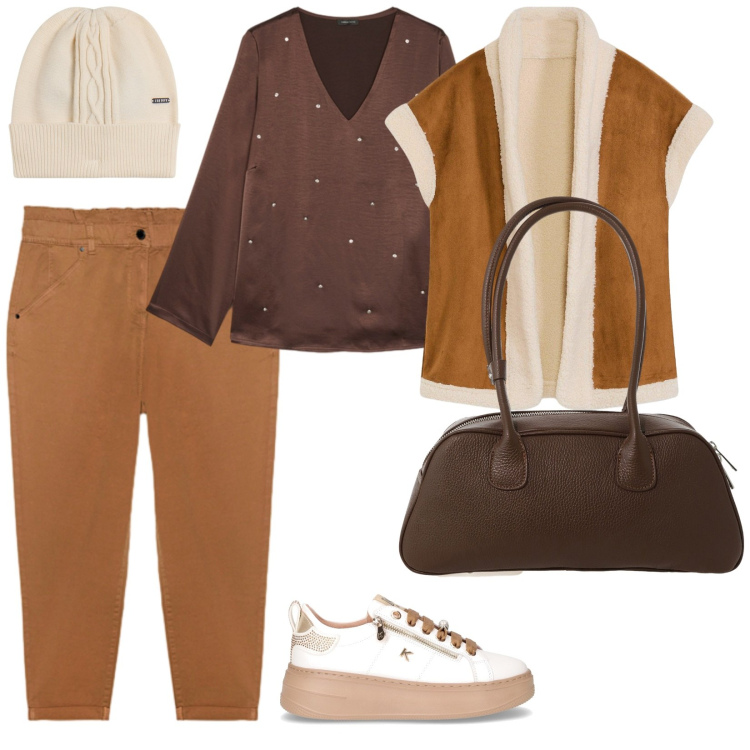 Outfit donna - Comfy autunnale. per Tutti i giorni. Abbinamento con piumini, borse a mano, berretti, pantaloni, sneakers, bluse.