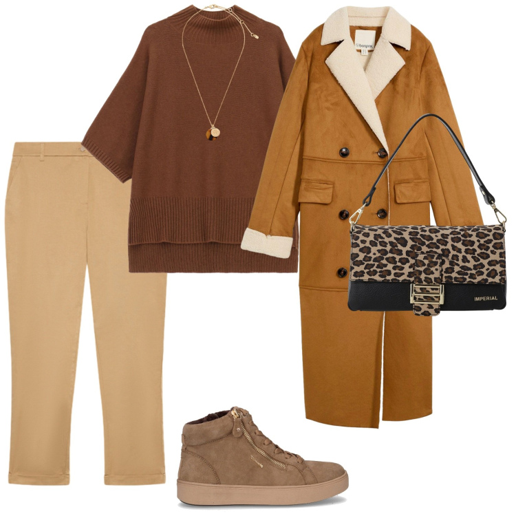 Outfit donna - Look color cammello. per Tutti i giorni. Abbinamento con cappotti, borse a spalla, maglieria, collane, sneakers alte, pantaloni chino.